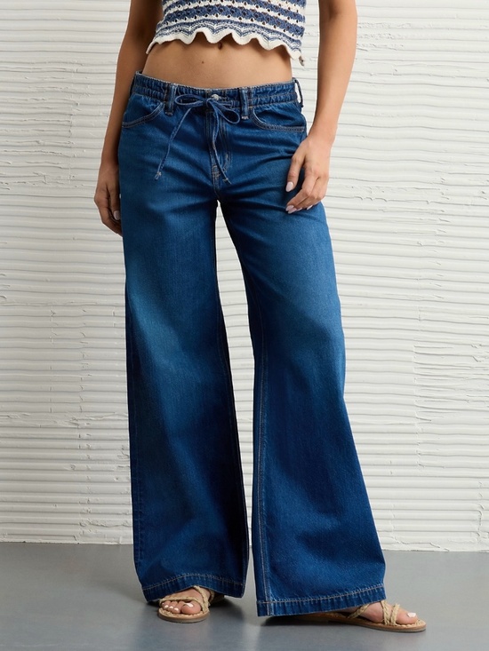 American Eagle Outfitters Denim - American Eagle Dreamy Drape Strigid Low Rise Wide Leg Jeans Drawstring Sz 4 Tall
